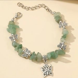 Natural Gemstone Beaded Butterfly Pendant Bracelet Green and silver.